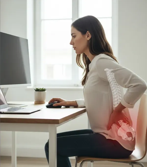A woman hunched at a desk, holding her lower back