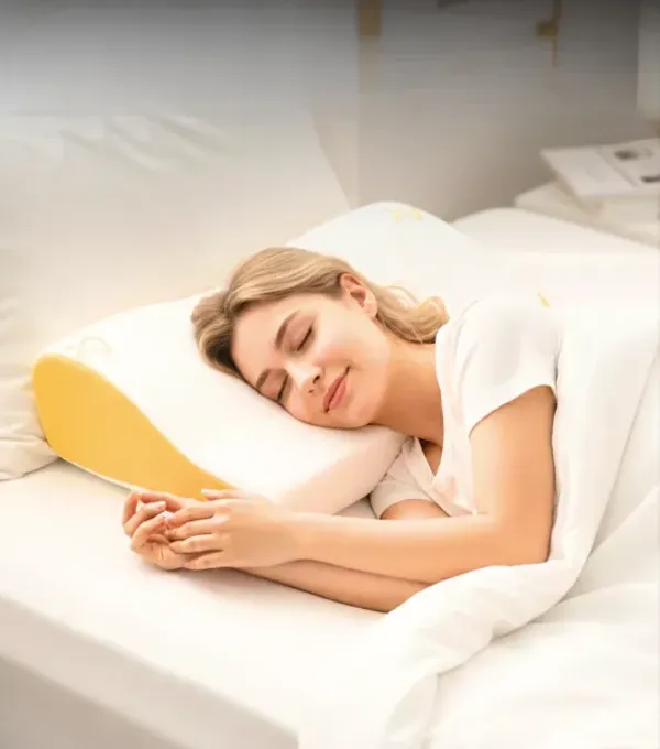 A woman sleeping comfortably on a Kusho pillow