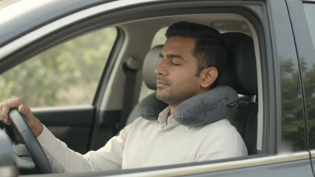 A man resting against a Kusho neck cushion in a car