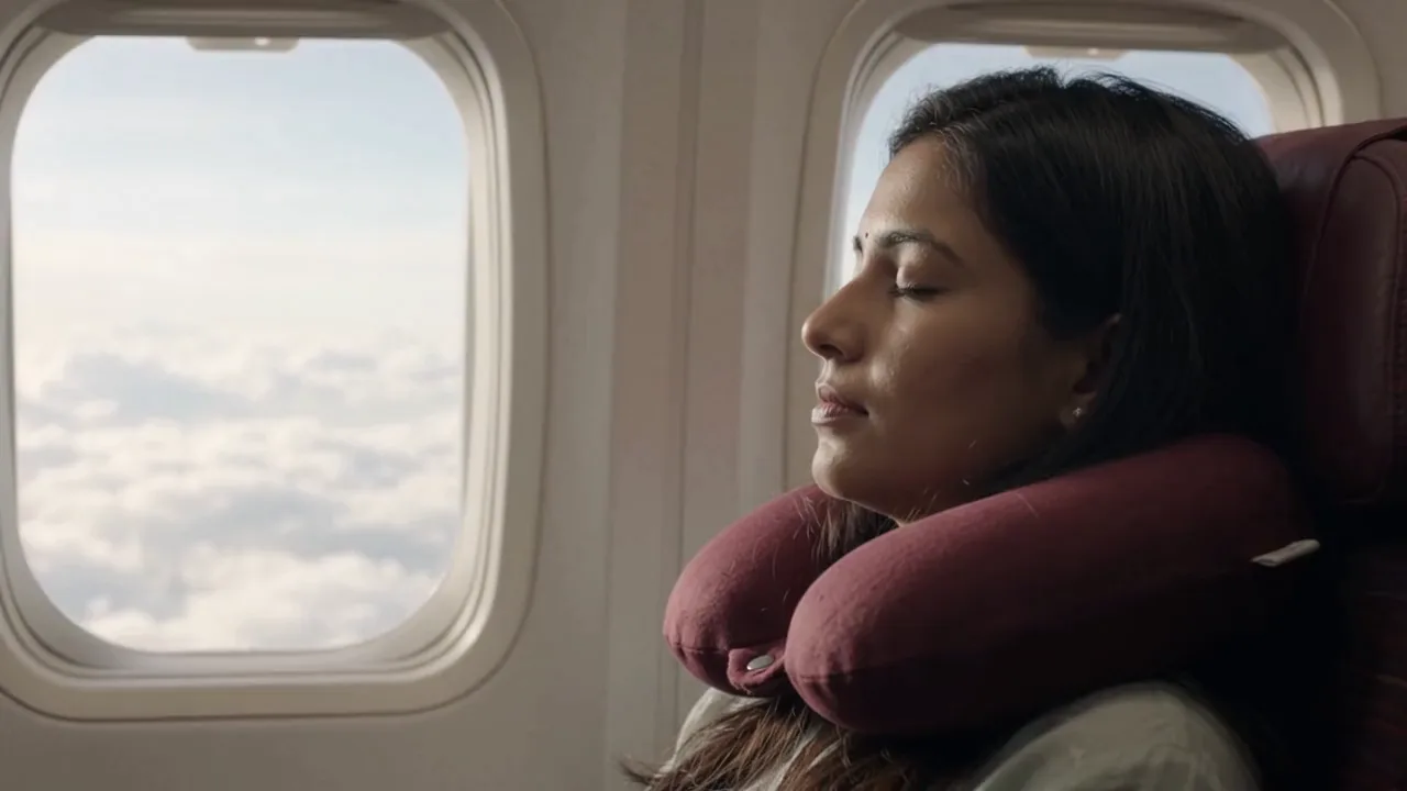 A woman resting on a Kusho travel neck pillow